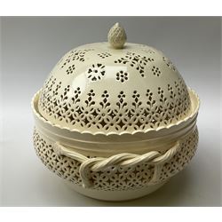 Large 20th century Leeds pottery basket and cover, of bulbous form with pierced detail and twin rope handle, with impressed mark beneath, H23cm D25cm