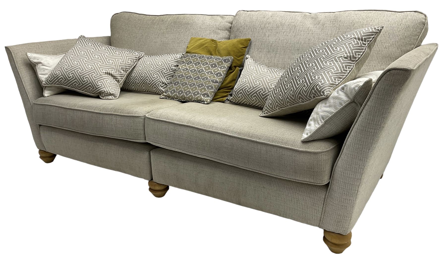 Oak Furnitureland - three-piece lounge suite upholstered in grey fabric, large three-seat sofa (W238cm, D106cm), two-seat sofa (W209cm), and snuggler sofa (W129cm)