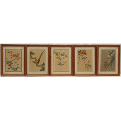 Chinese School (20th century): Birds and Flowers, set five watercolours on silk 18cm x 12cm, an etching of Tin Ghaut Whitby and a print of the same subject max 21cm x 13cm (7)