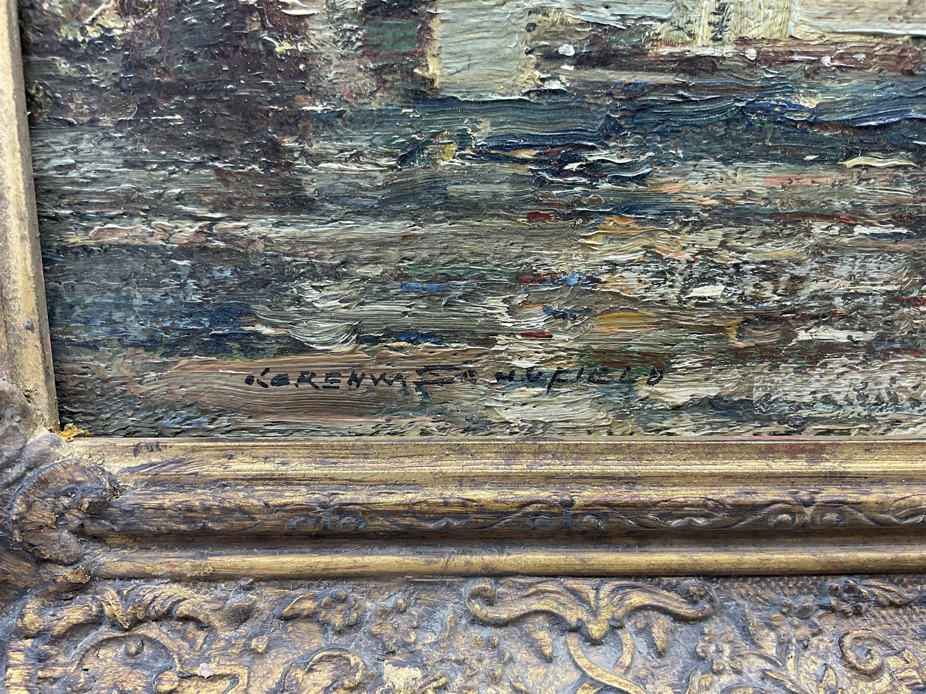 Kershaw Schofield (British 1872-1941): Dutch Bridge and Windmill, oil on panel signed 38cm x 51cm