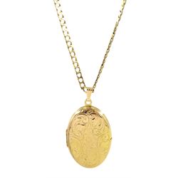  9ct gold foliate engraved heart locket pendant, hallmarked, on 9ct gold flattened curb link chain necklace