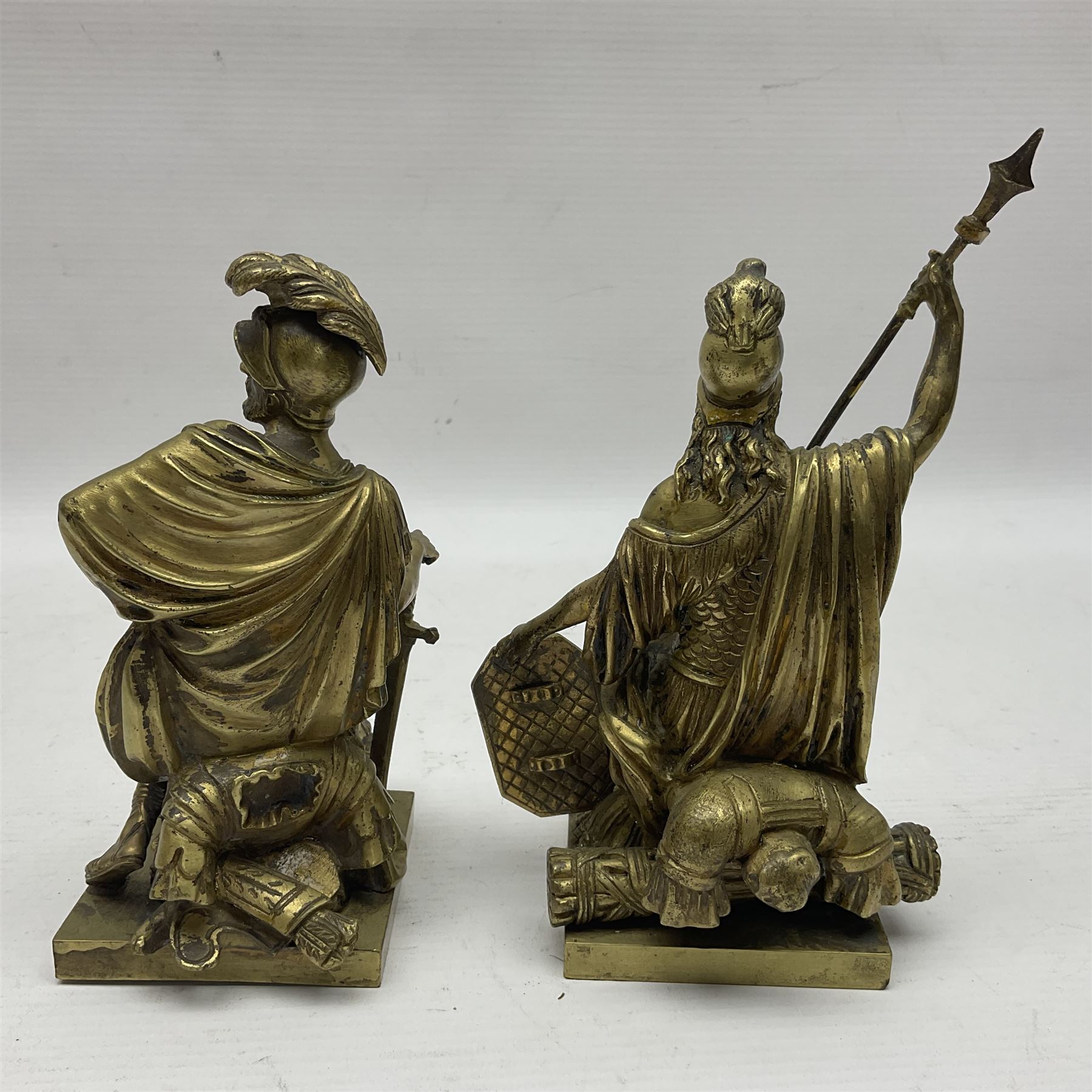 Pair brass grand tour style figures of Minerva and Mars, each on a square base, Minerva H18cm