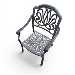 Painted aluminium rectangular garden table and five chairs, with loose seat cushions