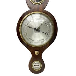 English - 19th century rosewood five-glass mercury wheel barometer c1880, with a swan necked pediment and round base, silvered hydrometer, temperature gauge, 8