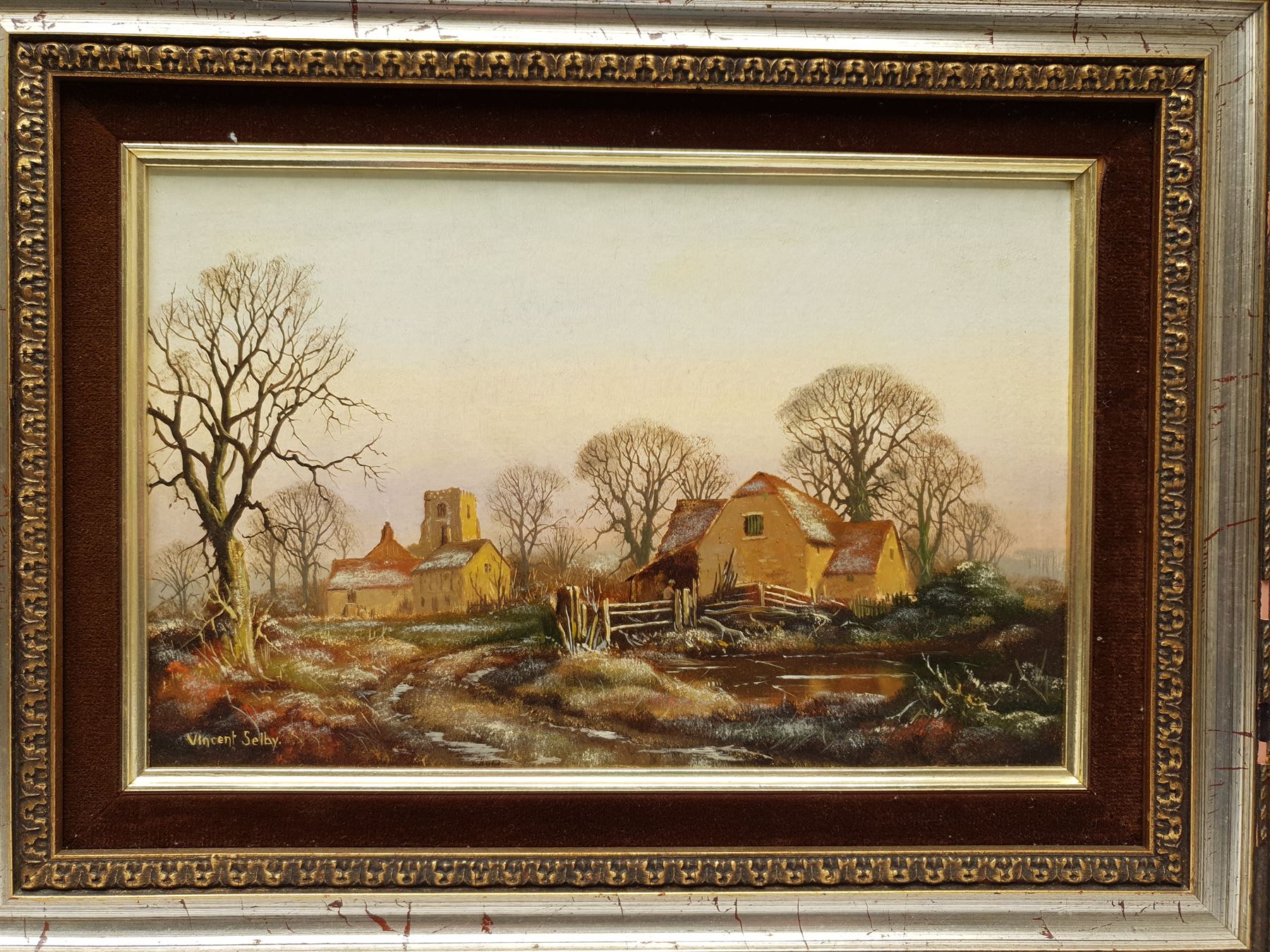 Vincent Selby (British 1919-2004): Village scene - Frosty Morning, oil on board signed 19cm x 29cm