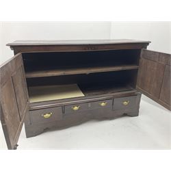 Georgian oak sideboard, fitted with two cupboards and three short  drawers, raised on bracket supports 