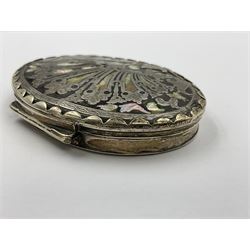 18th century silver plated oval snuff box with tortoiseshell lid inlaid with silver and mother of pearl 