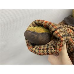 Two early 20th century straw filled jointed teddy bears, first example wearing a tweed jacket bearing Geoffrey Saville label, with leather padded paws and ears, horizontally stitched nose and humpback; second example with applied eyes, vertically stitched nose and faux leather paw pads, both with growler mechanisms, tallest H74cm 