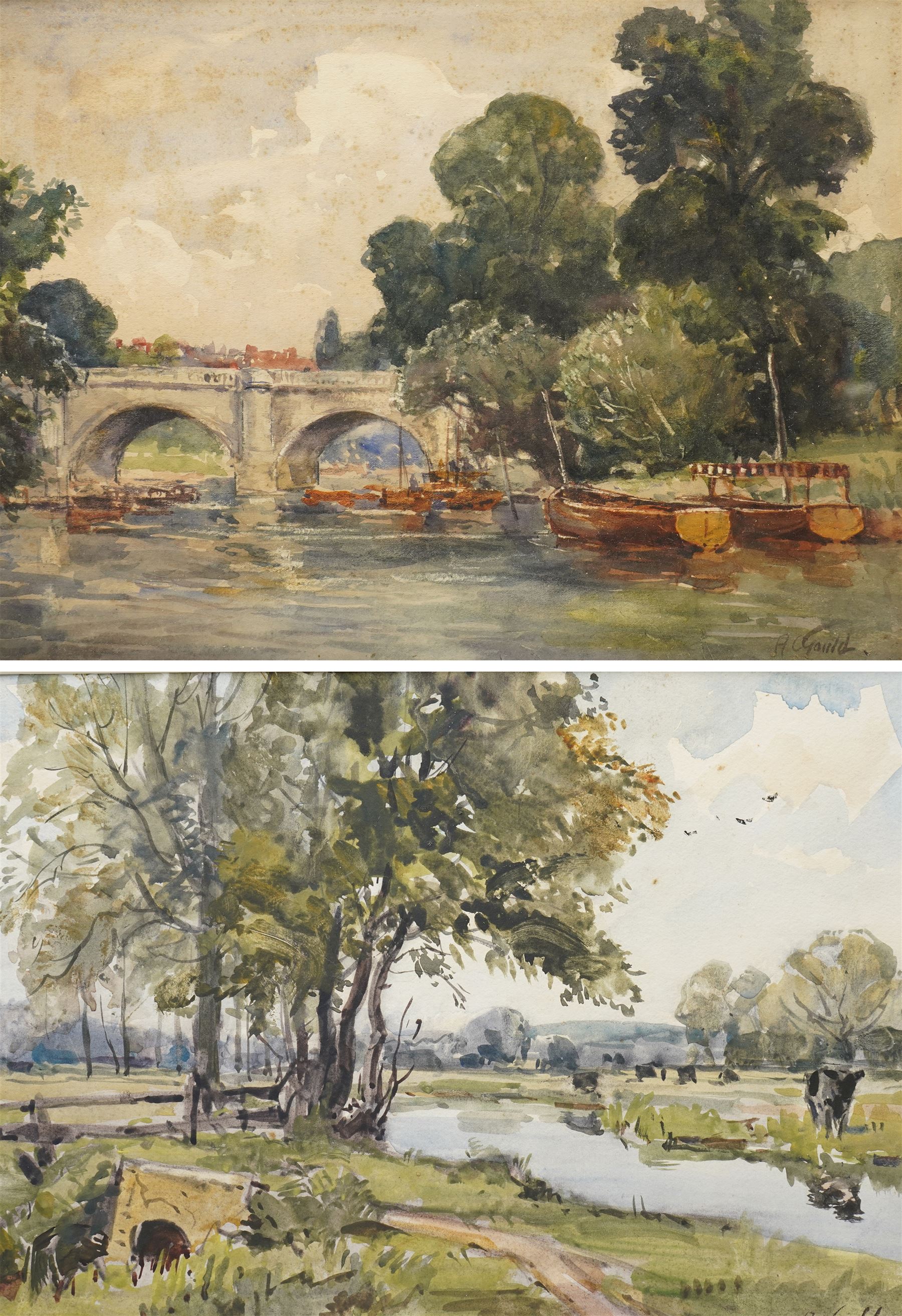 Alexander 'Alec' Carruthers Gould (British 1870-1948): River Landscape with Boat and Cows, two watercolours signed max 25cm x 36cm (2)