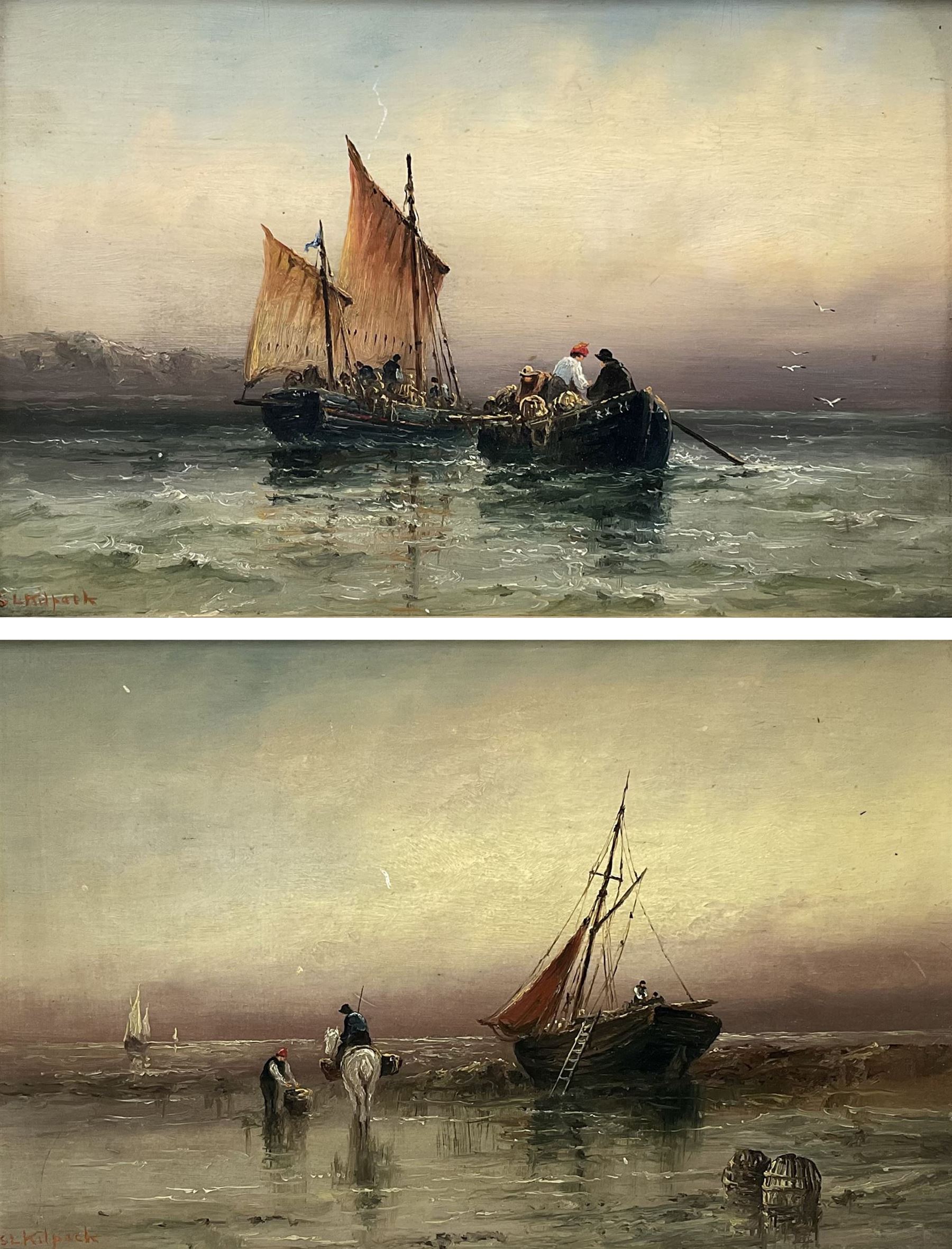 Sarah Louisa Kilpack (British 1839-1909): Fishing Boats on the Shoreline and at Sea, pair oils on artist's board signed 14cm x 22cm (2)
