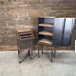 Luxor - industrial modular cabinet, three sections comprising single drawer, double drawer and single cupboard, raised on stand; and a tall industrial cabinet