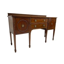 Warring and Gillows - early 20th century Georgian design mahogany sideboard, raised back with blind fretwork decoration, fitted with two drawers flanked by cupboards, on square tapering supports with spade feet