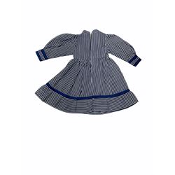 Heidi Ott doll in tartan dress, navy floral dress with white lace and ribbon detailing, striped blue and white dress and a 'Head to Toe' book