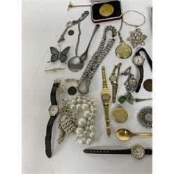 Silver horseshoe stick pin, silver cross pendant, silver-gilt Pobjoy Mint Earl Mountbatten of Burma commemorative medal, a collection of costume jewellery including brooches, necklaces and wristwatches and three base metal vesta cases 