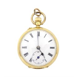 Early 20th century 18ct gold open face keyless lever ladies fob watch, white enamel dial w...