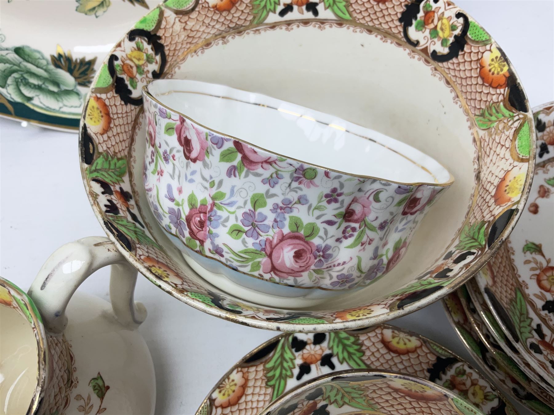 Calais Imari style part tea service, Mason's Chartreuse pattern plate, Arthur Wood Gaudy Welsh style coffee pot, and Victoria Ware teacup and saucer