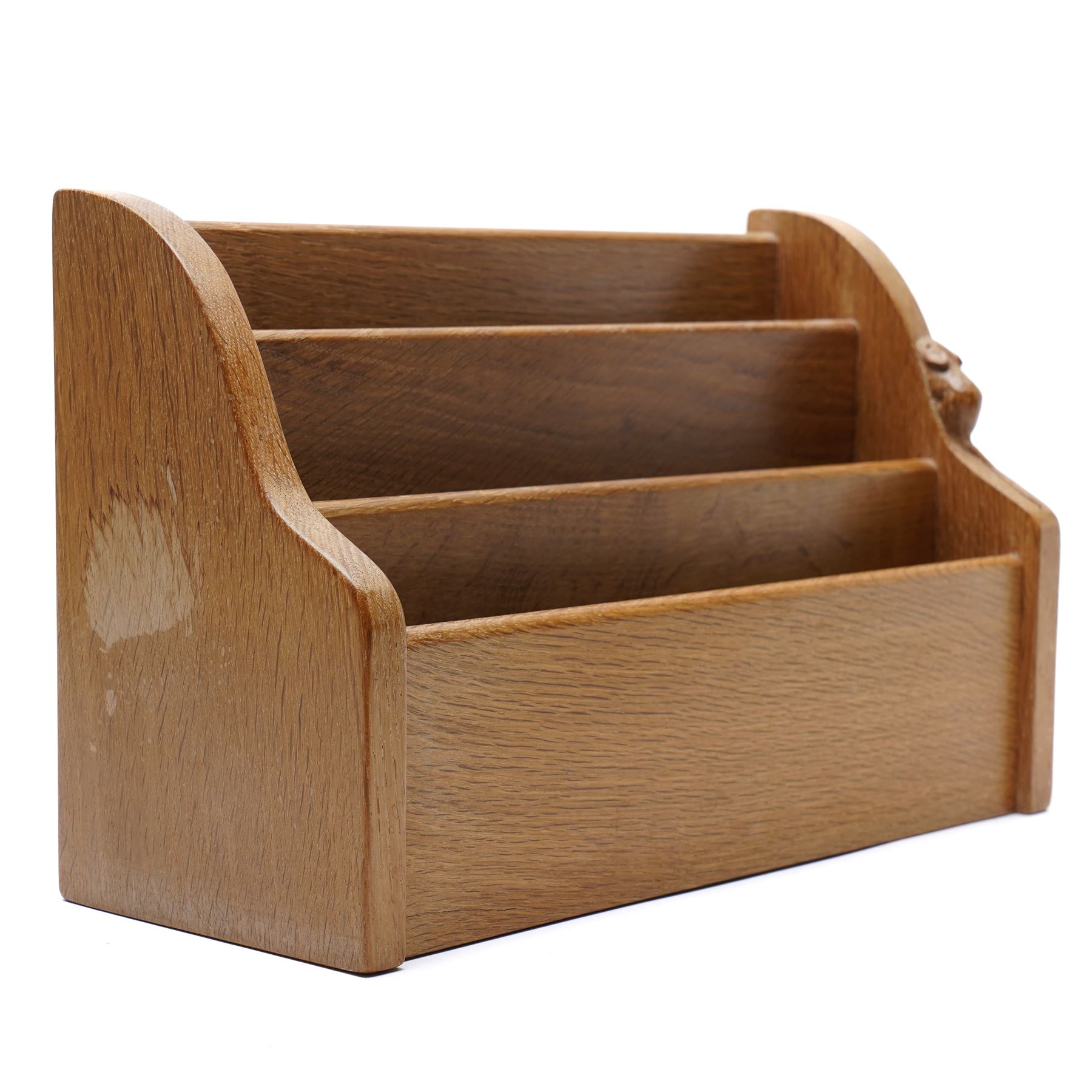 Mouseman - oak letter rack, three tiered with carved mouse signature, by the workshop of Robert Thompson, Kilburn, W33cm