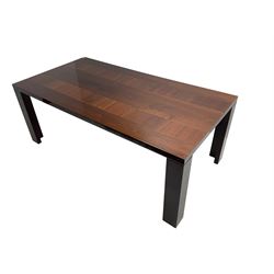 Large American walnut rectangular dining table on square block supports, together with set eight high back dining chairs with cream upholstered seats, the top and chair backs with matching inlaid geometric banding