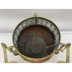 Early 20th century brass coal bucket with pierced sides, upon three pad feet, together with a pair of brass fire dogs, with flambe finials, coal bucket H27cm