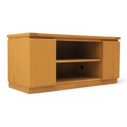Contemporary light oak television or media unit, two cupboards and two open shelves