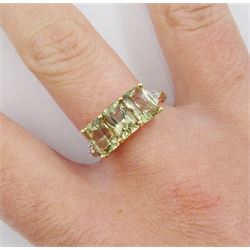 14ct gold three stone prasiolite ring with diamond set shoulders, hallmarked 