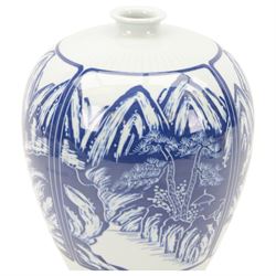 Chinese blue and white vase, of baluster form, decorated with panels of mountainous landscapes on bamboo effect white ground, with character marks beneath, H32cm
