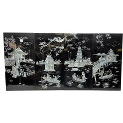Set of four Japanese black lacquer and mother of pearl inlaid wall plaques (H79cm W39.5cm), together with framed embroidered silk panel, the dragon boat race