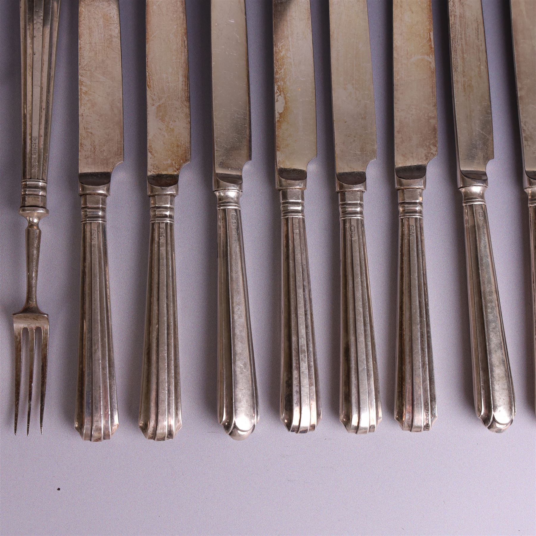 Set of twelve 1920s silver handled dessert knives and forks, hallmarked Thomas Bradbury & Sons Ltd, Sheffield 1921