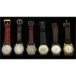 Six manual wind wristwatches including Jaeger-LeCoultre, Jaguar, Exacta, Garrard and Centrex