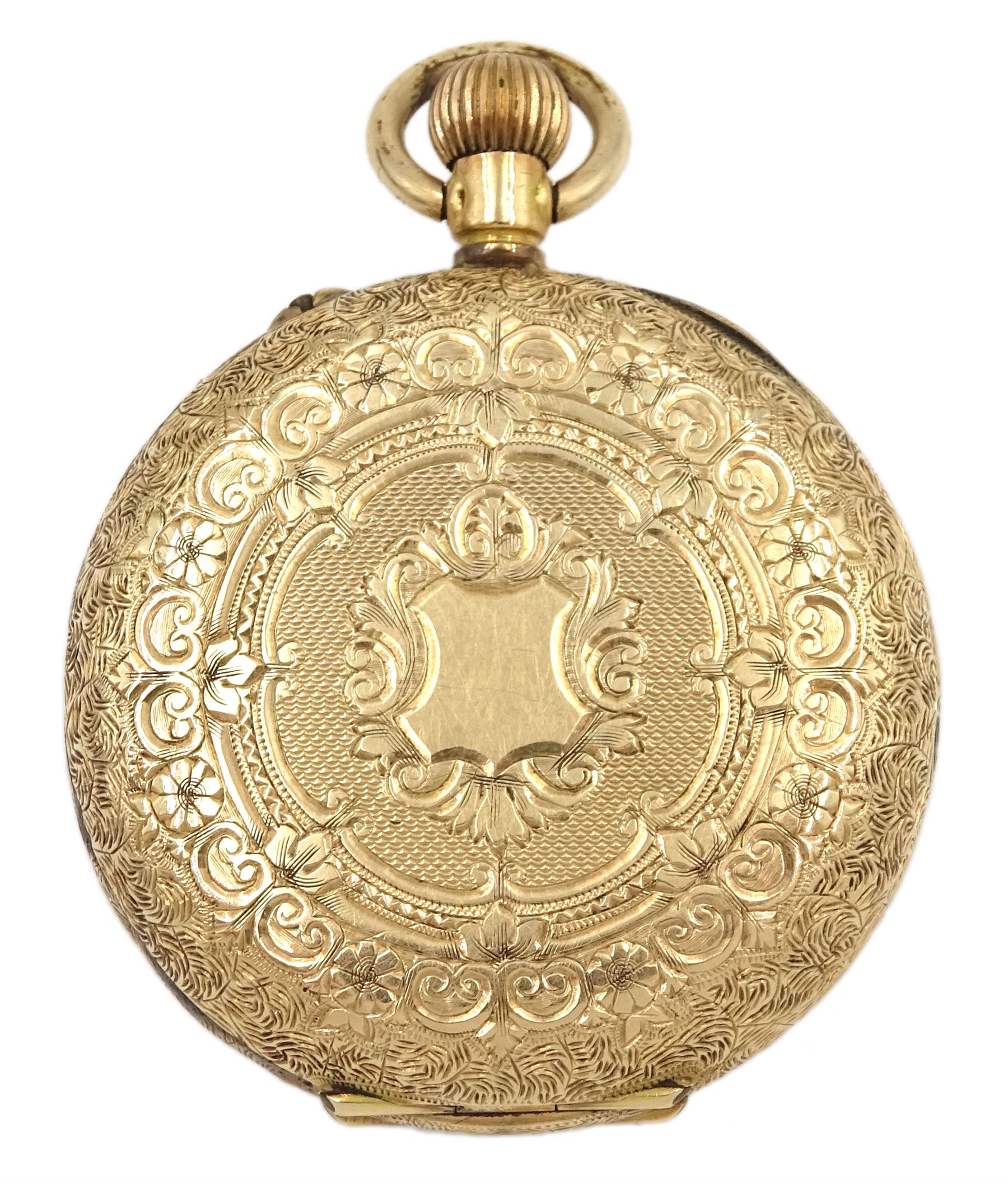 Early 20th century 14ct gold open face ladies keyless cylinder fob watch stamped 14K, No. 7898, gilt dial with Roman numerals, back case with engraved and engine turned decoration and central cartouche, in velvet and silk lined case