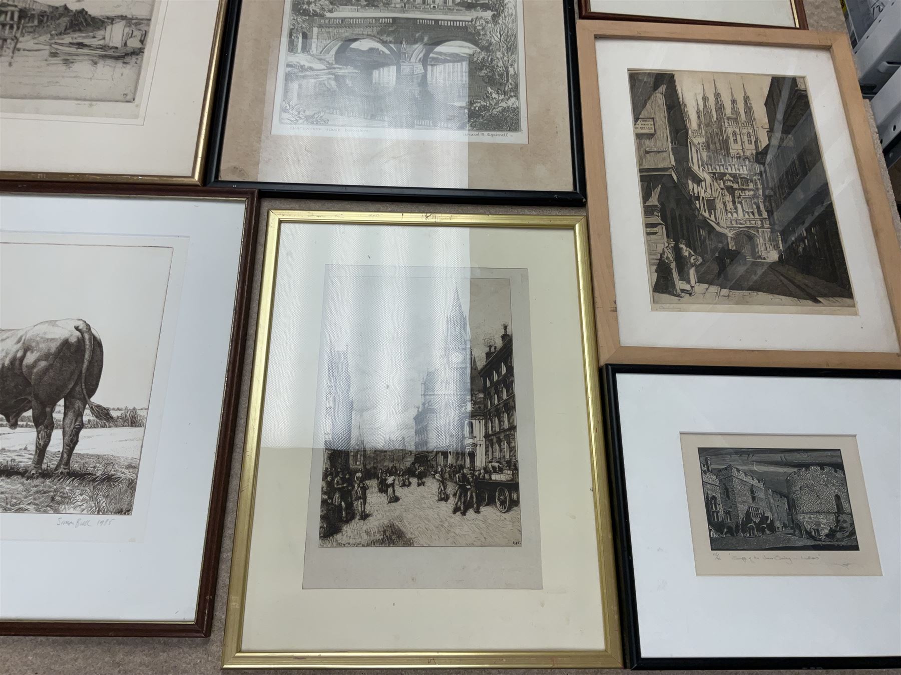 Collection of etchings, artists including Frank Short, Malcolm Osbourne, Anne Hayward (wood engravings), Leonard Russell Squirrell, Grainger Smith, Thomas Riley, Simon Bull, Douglas Ian Smart, Rembrandt (restrike), Kenneth Holmes, William Walcot, Henry Rushbury, etc (16)