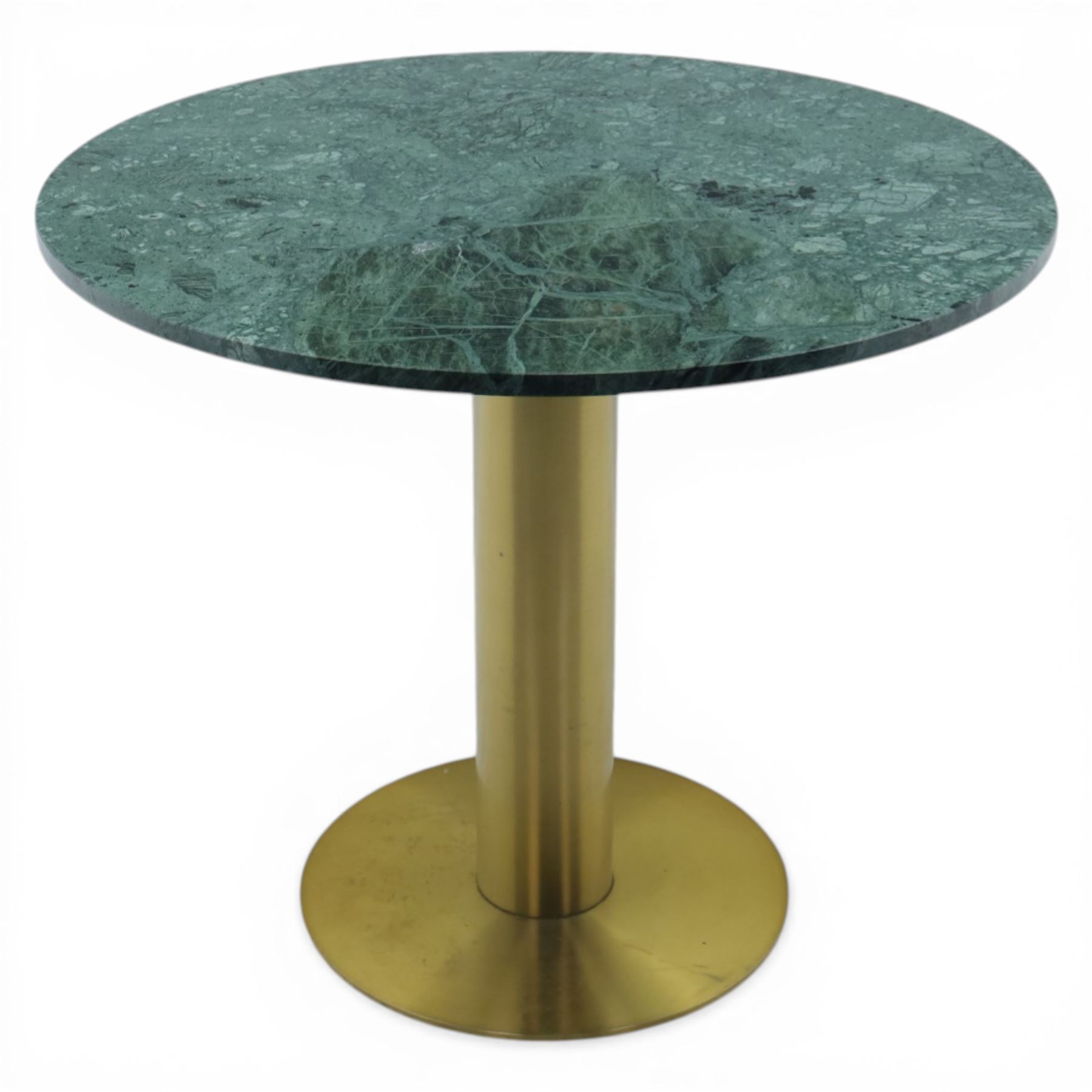 Contemporary marble top pedestal table, green circular marble raised on a brushed brass column  
