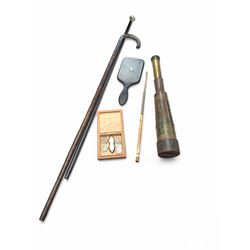 Five draw brass telescope, ebony hand mirror with silver initial, telescopic cheroot holde...