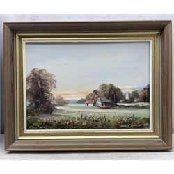 Donald Jennings (British 20th Century): 'Sunset' 'Winter' and 'The Cafe', set of three oils on canvas signed and dated '79-'80, titled verso 29cm x 24cm (3)