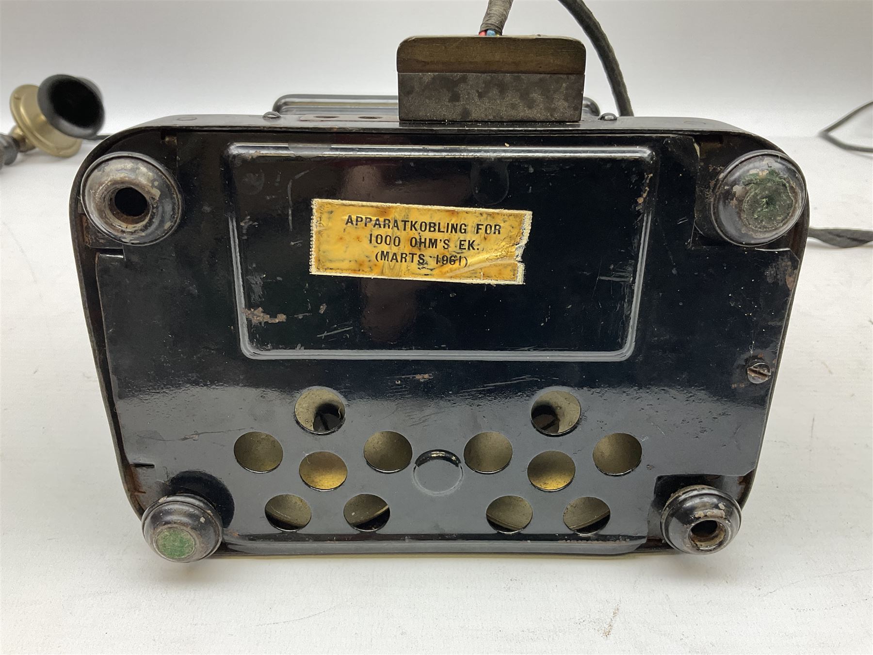 Early 20th century Danish wind up pillar telephone, together with a candlestick telephone with brass dial, wind up telephone H33cm 