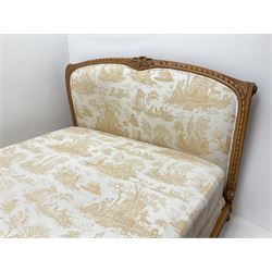 20th century French beech 5’ Kingsize upholstered bedstead, ribbon and leaf carved cresting rail, with box base, mattress and bed spread
