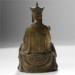 Chinese cast bronze figure of Ksitigarbha, wearing a five-pointed crown and monastic robes, H19.5cm
