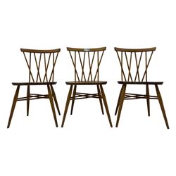 Lucian Ercolani for Ercol - set of six 'Shalstone dining chairs, curved top rail and spindle back with criss-cross design, solid seat raised on tapering supports, united by matching criss-cross stretchers