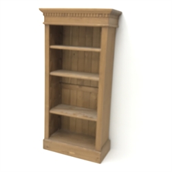  Solid pine open bookcase, dentil frieze, three adjustable shelves, plinth base, W62cm, H125cm, D29cm  