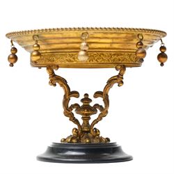 Italian Grand Tour pietra dura and ormolu tazza, the circular black stone top inlaid with a marble floral spray, within a beaded and foliate-cast ormolu rim hung with pendant spheres, on a scroll and acanthus-cast support and turned base, Florence, late 19th century, W15.5cm H12cm