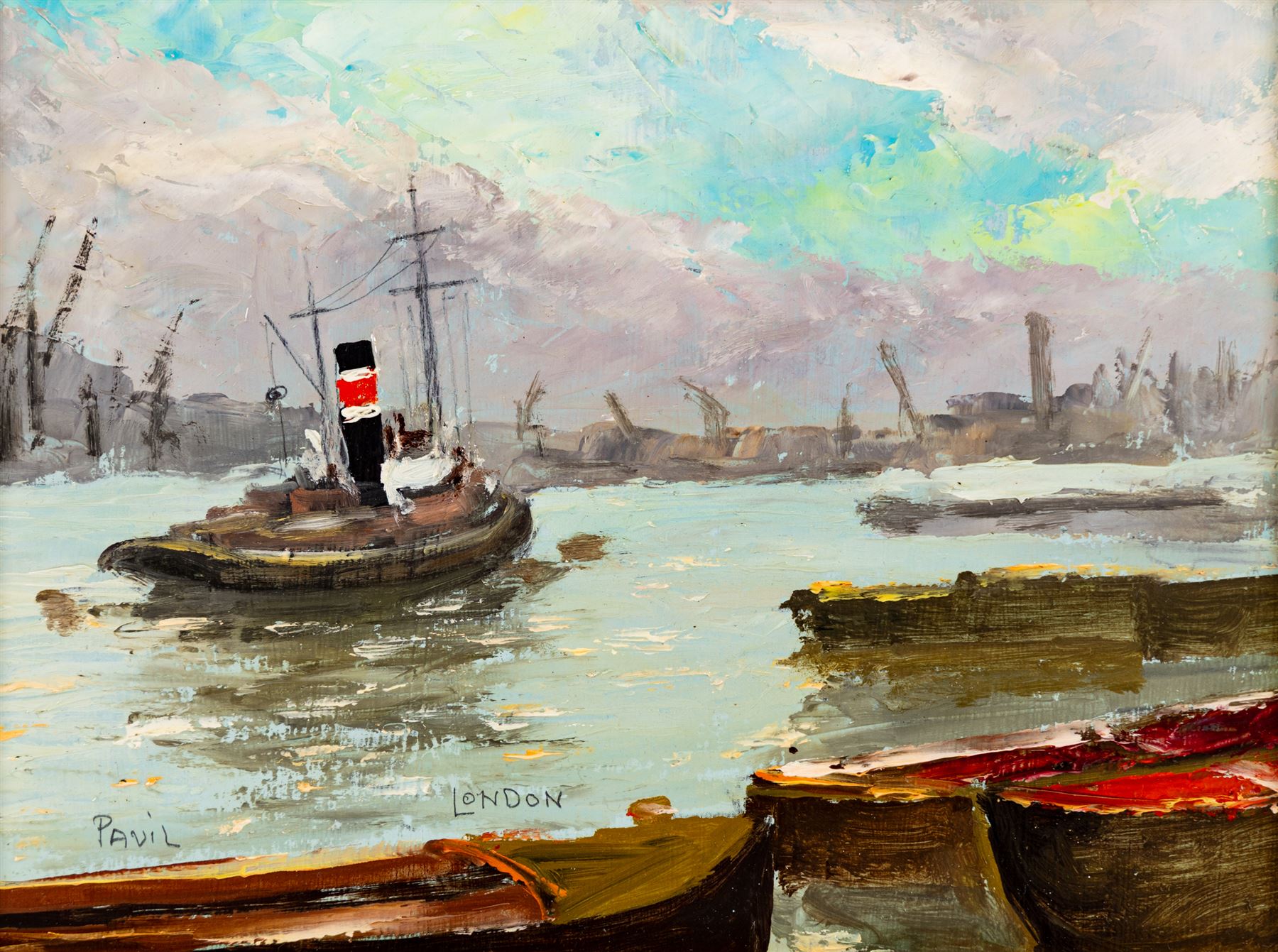 Elie Anatole Pavil (Ukrainian 1873-1944): 'London' - Tug Boat on the Thames, oil on board signed and titled 17cm x 23cm