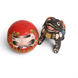Wooden Balinese Barong mask, together with Sugiura Yukio Japanese tray, Daruma doll and one other 