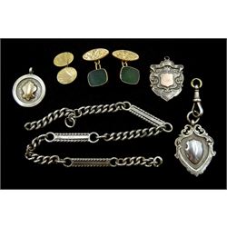 Pair of Victorian 9ct gold green agate cufflinks, Chester 1899, silver watch chain by William Walter Cashmore, three silver fobs and a 9ct gold single cufflink, all hallmarked