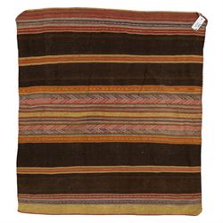 Flatwoven wool rug, with horizontal bands in dark brown, rust, ochre and muted red tones, ...