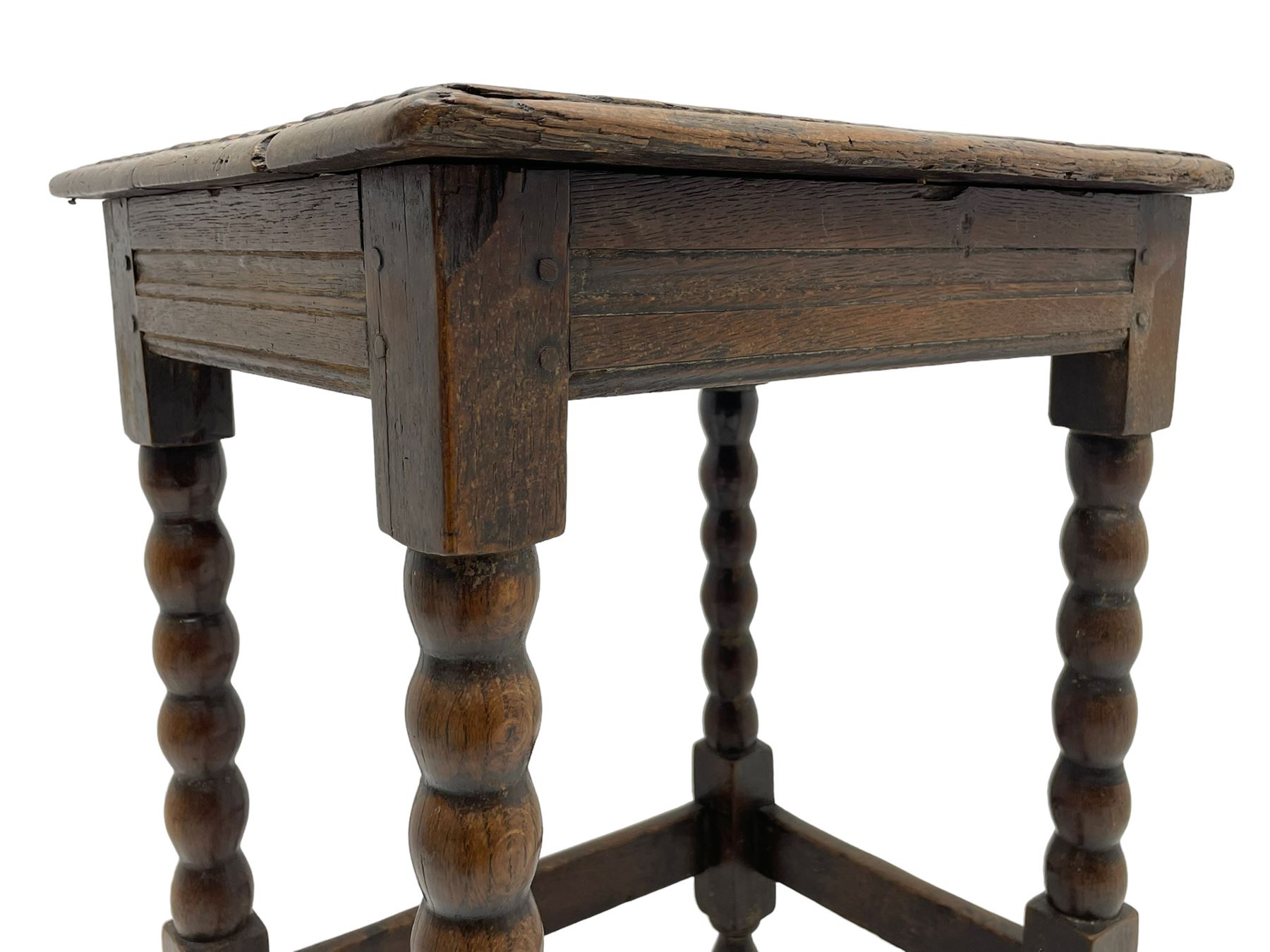 18th century oak joint coffin stool, moulded rectangular top over moulded frieze rails, raised on bobbin turned supports joined by moulded stretchers