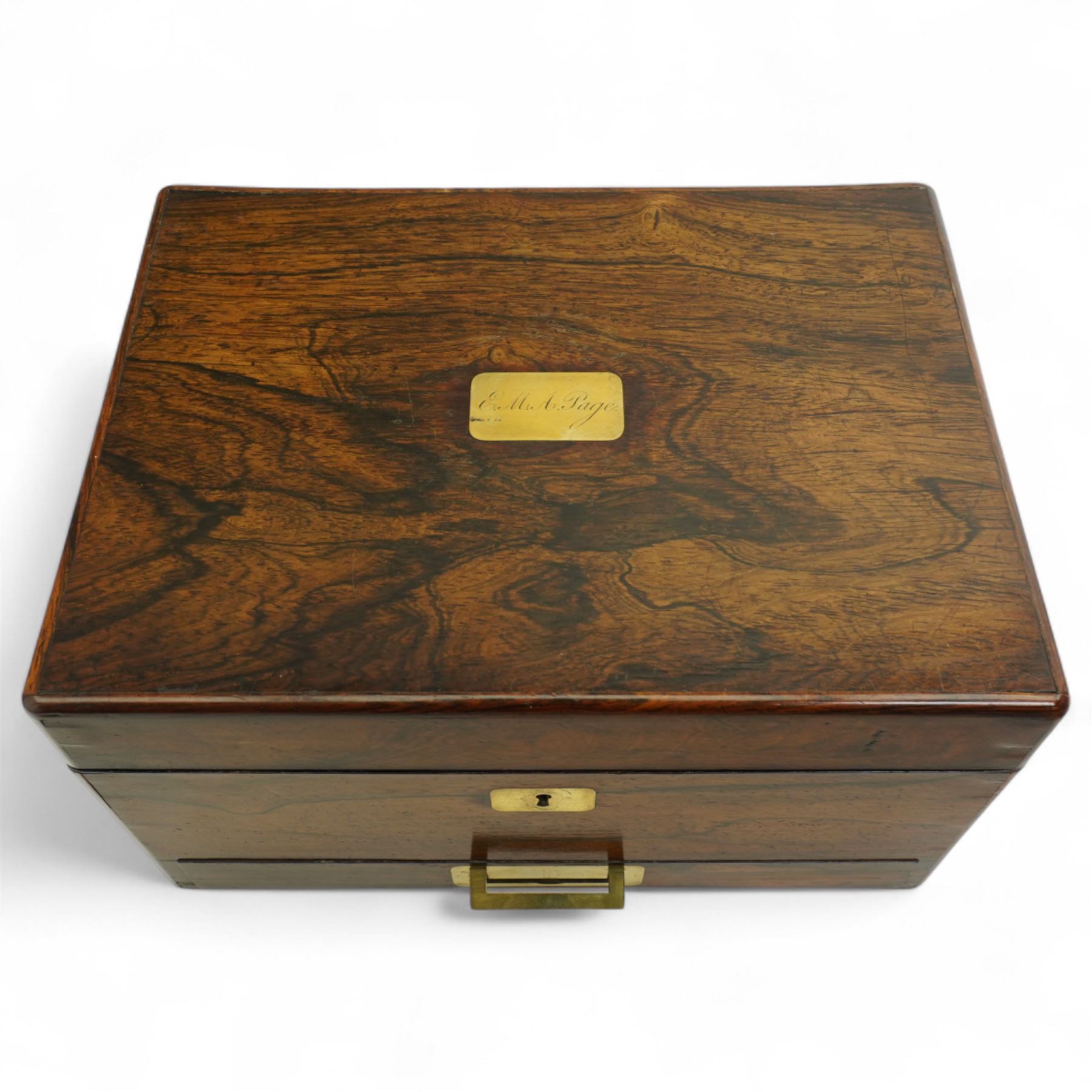 Victorian rosewood vanity box, the fitted interior containing various bottles and jars, the pin lifting to reveal lower drawer, H17cm x W28cm x D20cm
