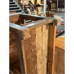 18th century oak dresser base, moulded rectangular top over two drawers and shaped apron, moulded drawer fronts fitted with shaped brass handle plates and swan neck handles, on chamfered square supports united by pot board base 