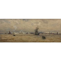 Thomas Bush Hardy RA RBA (British 1842-1897): Shipping on the Thames at 'Greenwich', looking towards the Royal Naval College, watercolour signed titled and dated 1885, 39cm x 101cm