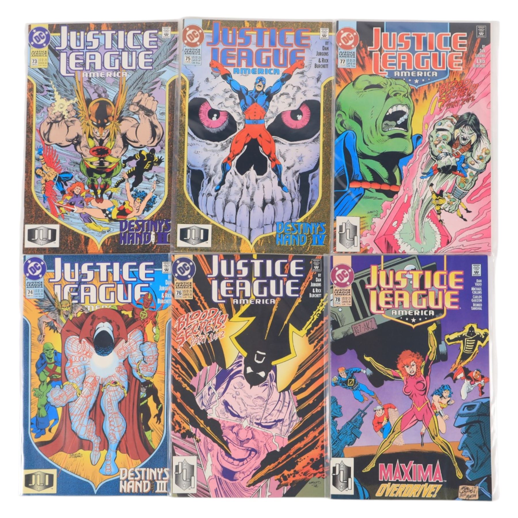 DC Comics Modern Age 'Justice League America' and 'Justice League International' comic books, spanning years 1987-1996, one-hundred and twenty four issues, together with seven DC 'Justice League' annuals #1, #2, #4, #5, #8, #9 and #10 and 1990 'Justice League International Special Mister Miracle 1990 World Tour' #1