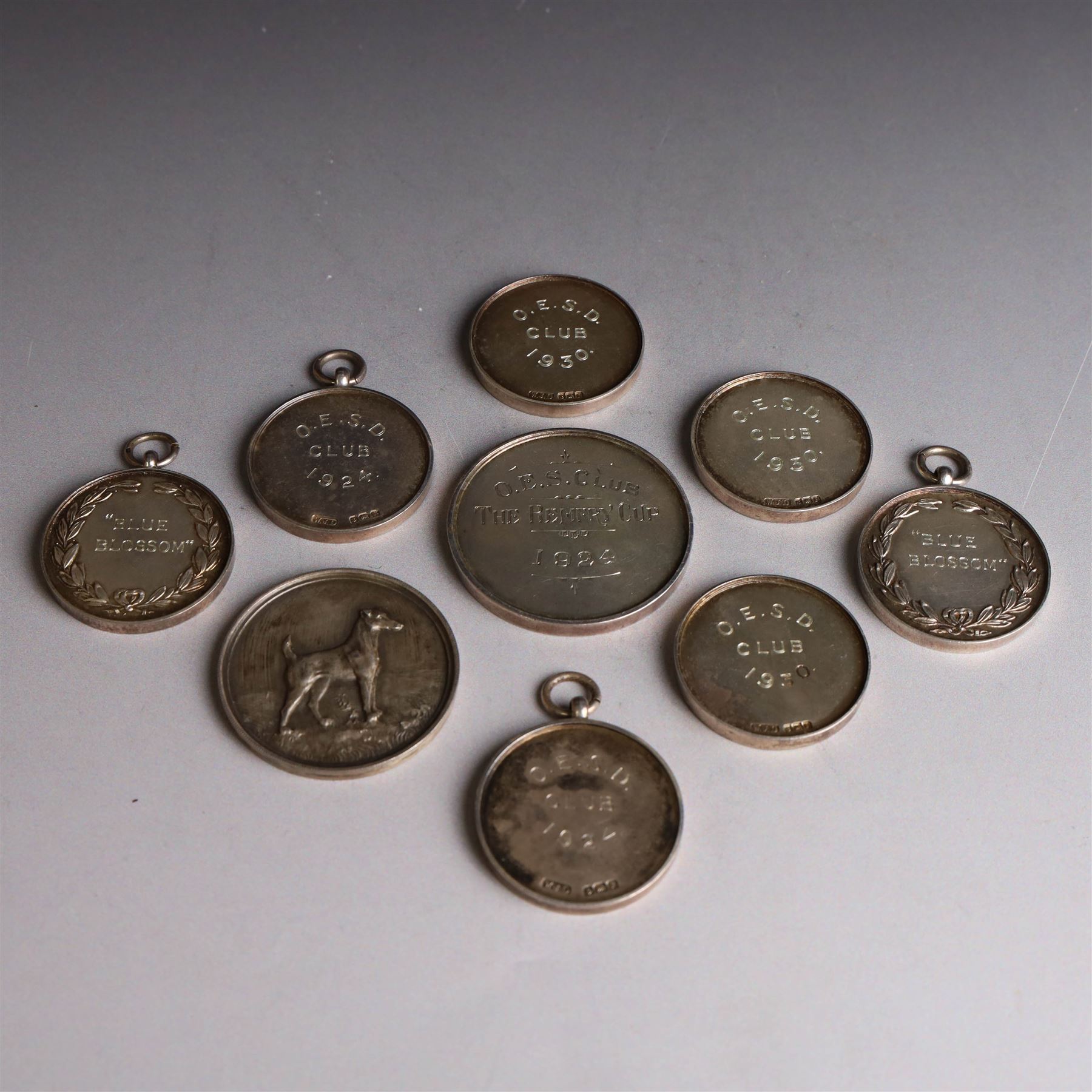 Seven 1920s Old English Sheepdog silver medals, all hallmarked, together with two further silver plated dog related medals